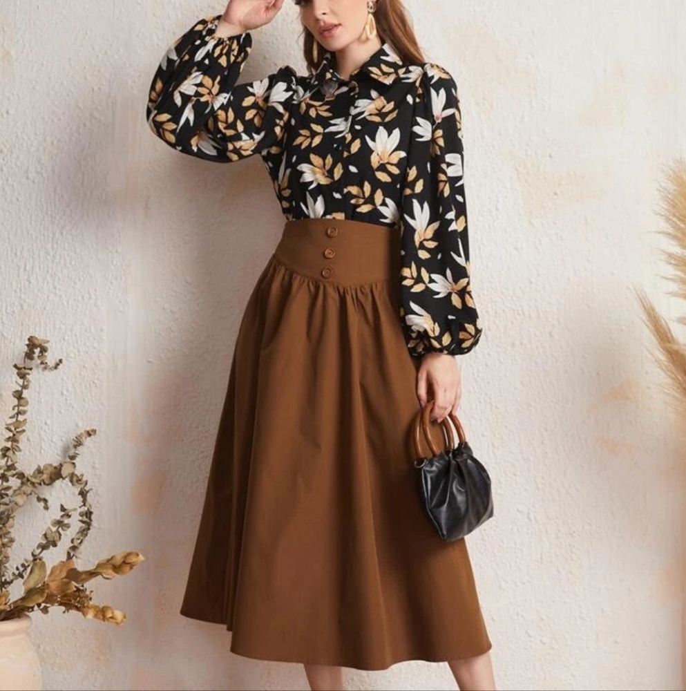 Floral Blouse and Brown Skirt Set